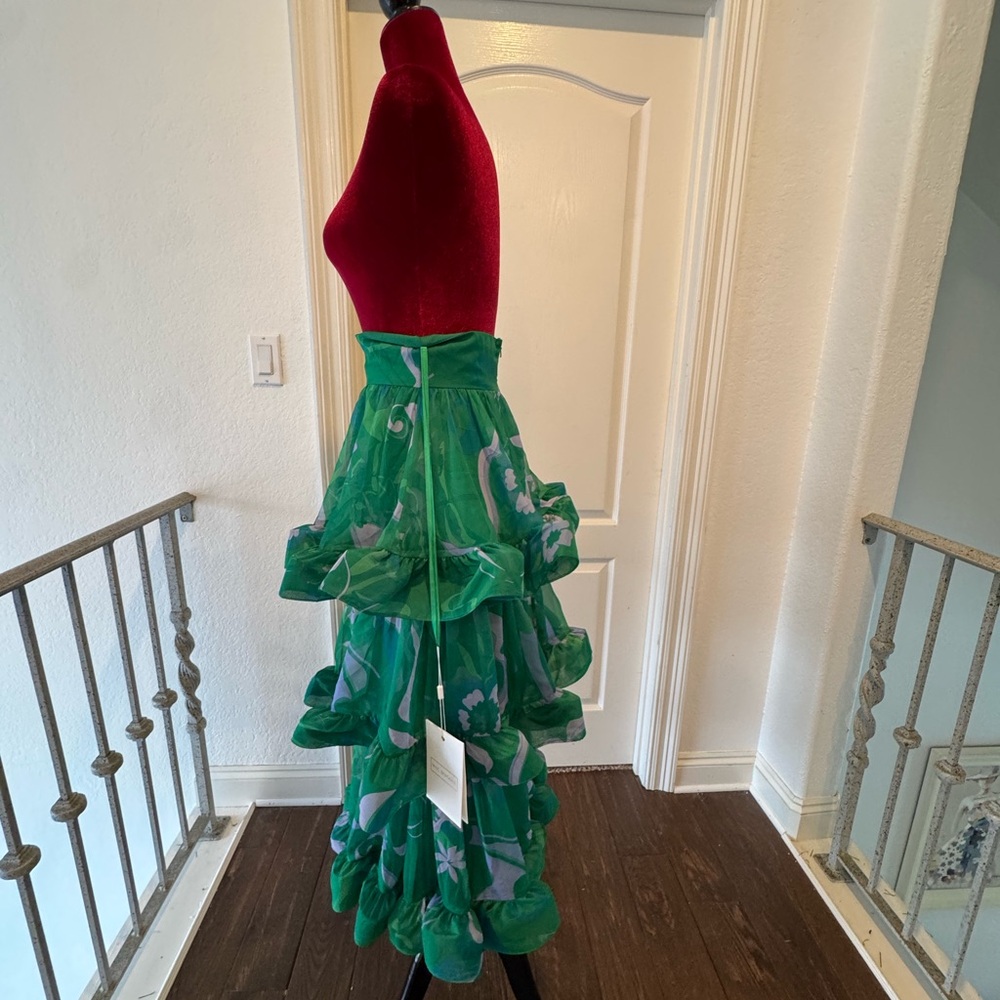 🦄 NWT Mac Duggal Sz 2 Printed Chiffon Green Floral A-Line Tiered Ruffle Skirt - Picture 12 of 16